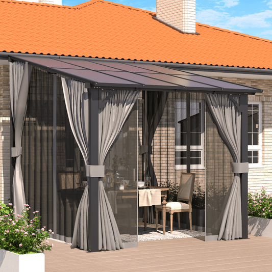 YODOLLA 8' x 8' Hardtop Gazebo Outdoor Wall-Mounted Lean to Gazebo with Netting and Curtain Aluminum Metal Pergola For Garden, Patio, Backyard-Dark Gray