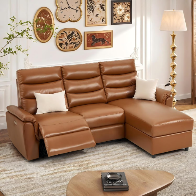 YODOLLA Leather Power Reclining Sofa Set, Reclining Sectional Couches with Storage Chaise, Adjustable Backrest & Footrest, L Shaped Pull Out Couch for Living Room Home Theater Apartment RV in Brown