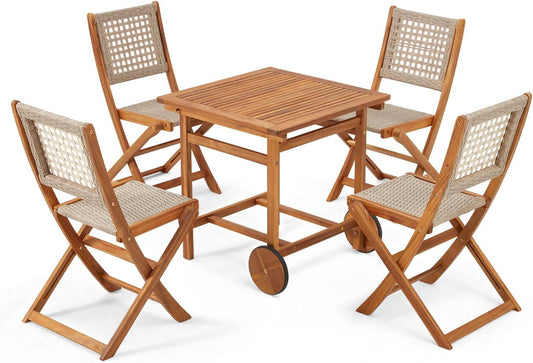 YODOLLA 5 Pieces Outdoor Patio Dining Set,Acacia Wood Dining Table and Chairs with Wheels,Farmhouse Style Portable Dining Set for Backyard, Deck & Poolside