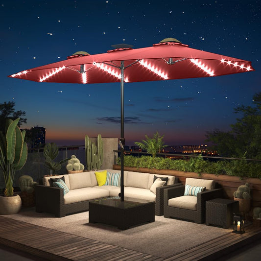 YODOLLA 15ft Patio Umbrella with Solar Lights, Outdoor Large Double Umbrella with 156 PCS LED Lights and Crank Handle for Backyard Deck Pool Shade, Red