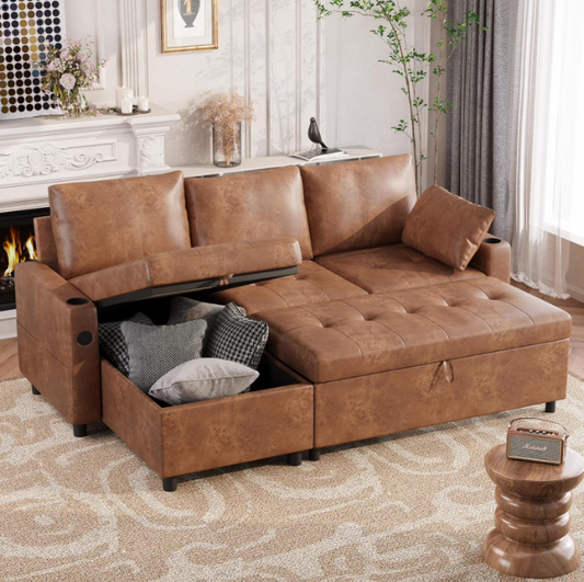 AECOJOY Sofa Bed, 3 in 1 Sleeper Sofa with Storage Chair, Faux Leather L Shape Couch, Sectional Pull Out Sofa Bed Mid Century Modern Couch for Living Room Clearance, Comfy Sleeper Couch in Brown