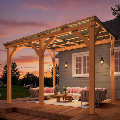 YODOLLA 10' x 10' Wall-Mounted Outdoor Wood Gazebo, Hardtop Cedar Pergola with Heavy-Duty Awnings for Patio, Deck, Backyard