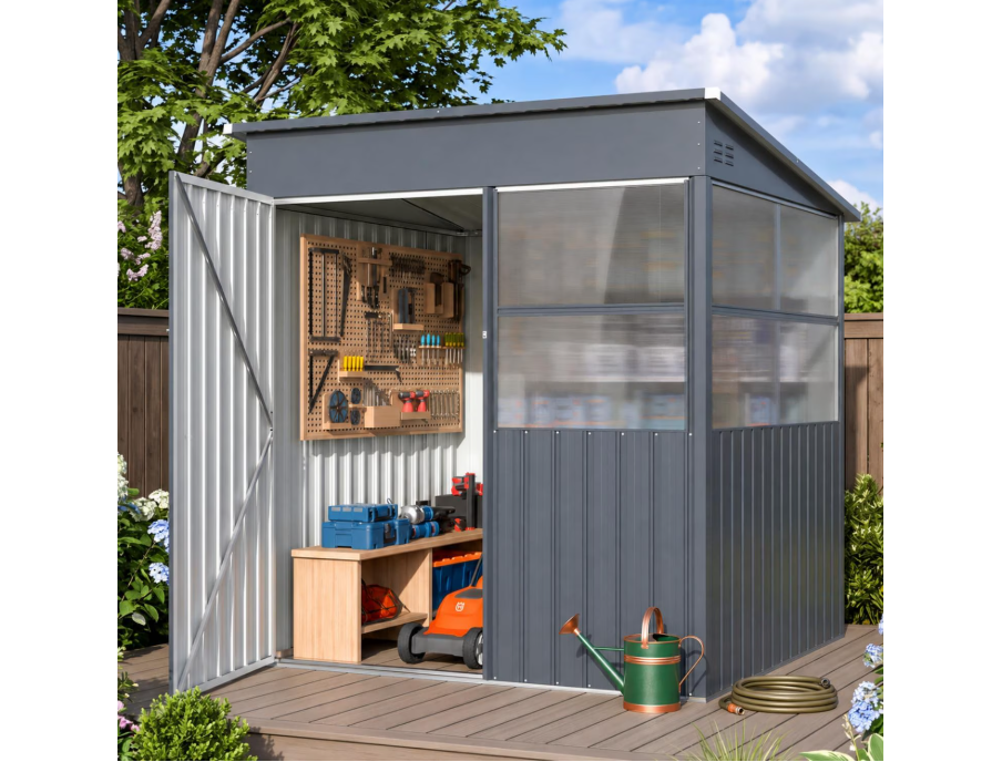 JFHID 6' x 6' Outdoor Storage Shed, Galvanized Steel, Heavy Duty Garden Tool Shed Waterproof, Dark Gray