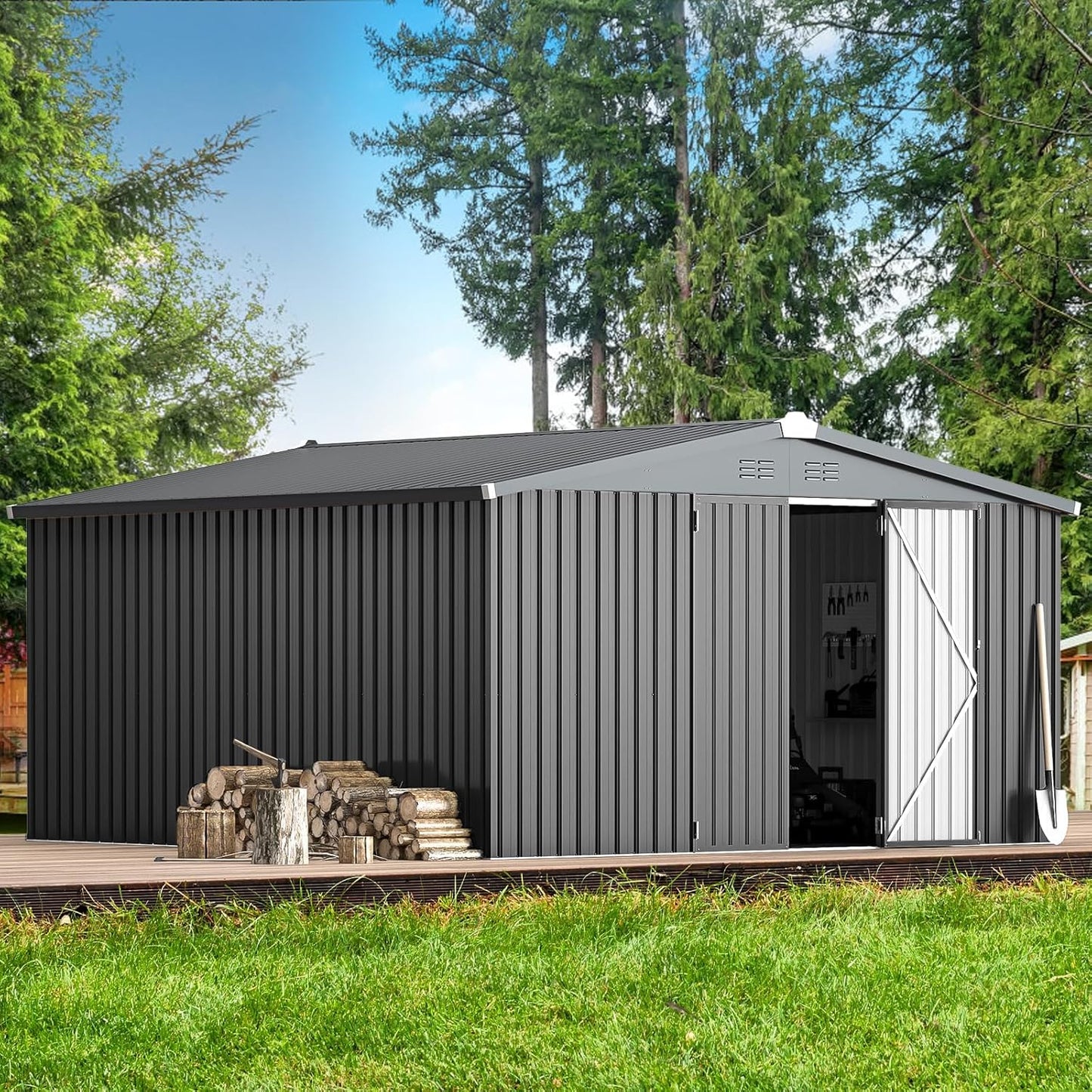 YODOLLA 12 x 12 ft. Outdoor Metal Storage Shed with Sliding Roof & Lockable Door in Dark Gray for Patio, Garden& Backyard