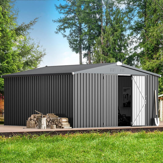 YODOLLA 12 x 12 ft. Outdoor Metal Storage Shed with Sliding Roof & Lockable Door in Dark Gray for Patio, Garden& Backyard