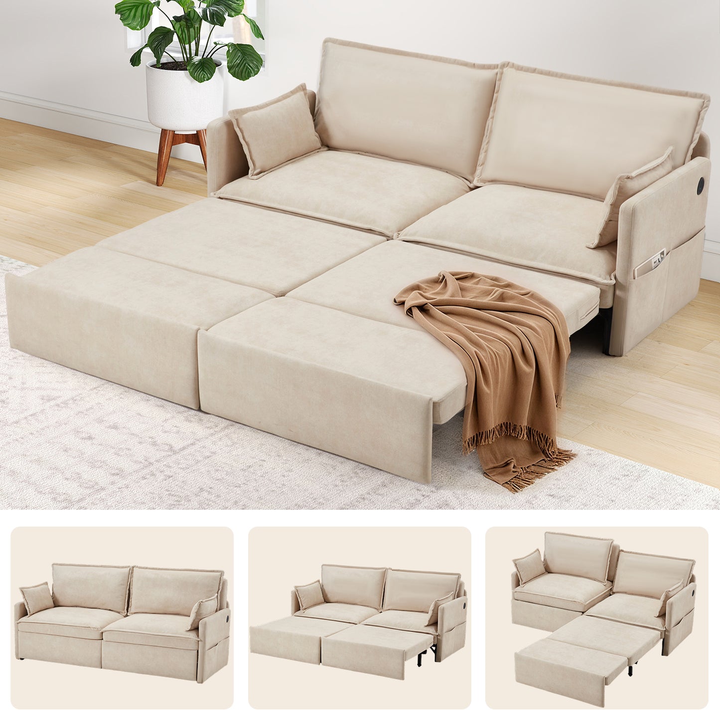 YODOLLA 72" 3 in 1 Convertible Sofa Bed with Pull Out Coach Bed, Loveseat Futon Sofa with Pillows & Pockets for Bedroom, Living Room, Apartment- Beige