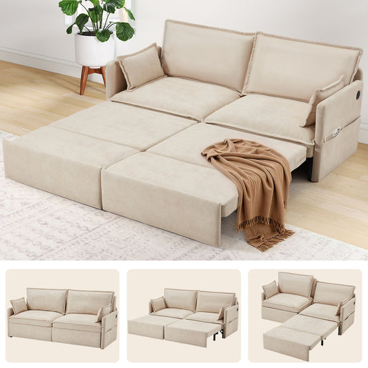 YODOLLA 72" 3 in 1 Convertible Sofa Bed with Pull Out Coach Bed, Loveseat Futon Sofa with Pillows & Pockets for Bedroom, Living Room, Apartment- Beige