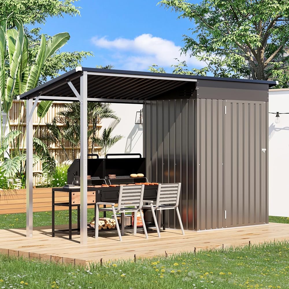 YODOLLA Outdoor Open-Sided Storage Shed, 3x5 Sheds & Outdoor Storage with 15 Sq. Ft Covered, 5x3 Small 2-in-1 Tool Shed with Attached Hardtop Metal Pergola Gazebo