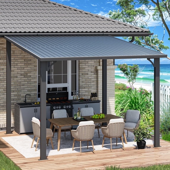 AECOJOY 10' x 10' Hardtop Patio Gazebo Wall Mounted, Heavy Duty Outdoor Pergola on Clearance with Galvanized Steel Roof, Waterproof Metal Grill Gazebo for Backyard