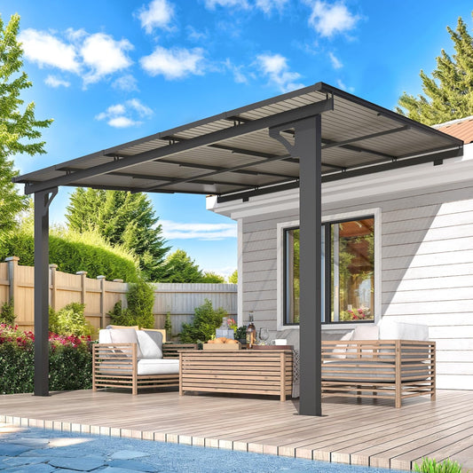AECOJOY 10' x 10' Wall-Mounted Hardtop Gazebo Outdoor Aluminum Pergola with Adjustable Height for Garden, Patio, Backyard-Gray