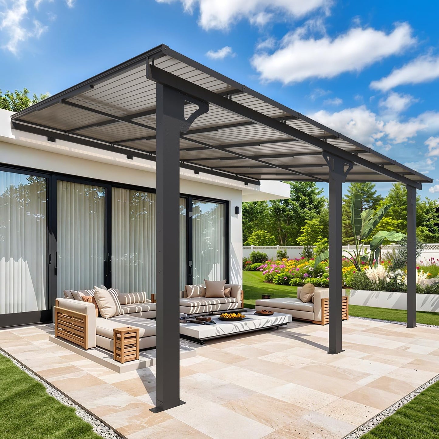 AECOJOY 10' x 14' Wall-Mounted Hardtop Gazebo Outdoor Aluminum Pergola with Adjustable Height for Garden, Patio, Backyard-Gray