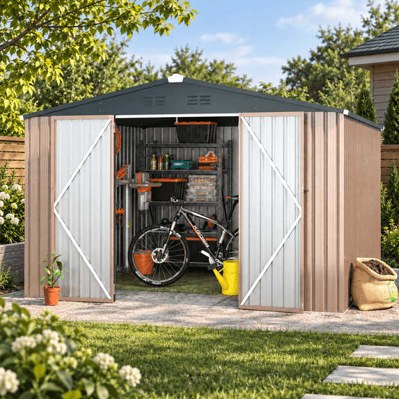 AECOJOY 10'x10' Galvanized Steel Storage Shed with Lockable Doors for Backyard, Garden, Patio