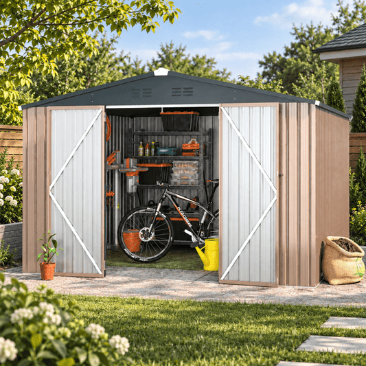 AECOJOY 10'x10' Galvanized Steel Storage Shed with Lockable Doors for Backyard, Garden, Patio