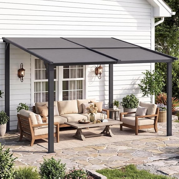 AECOJOY 10'x12' Wall-Mounted Lean-to Gazebo with Dual Retractable Resin Roof, Hand-Crank Adjustable Patio Cover with Side Gutters, Dark Gray