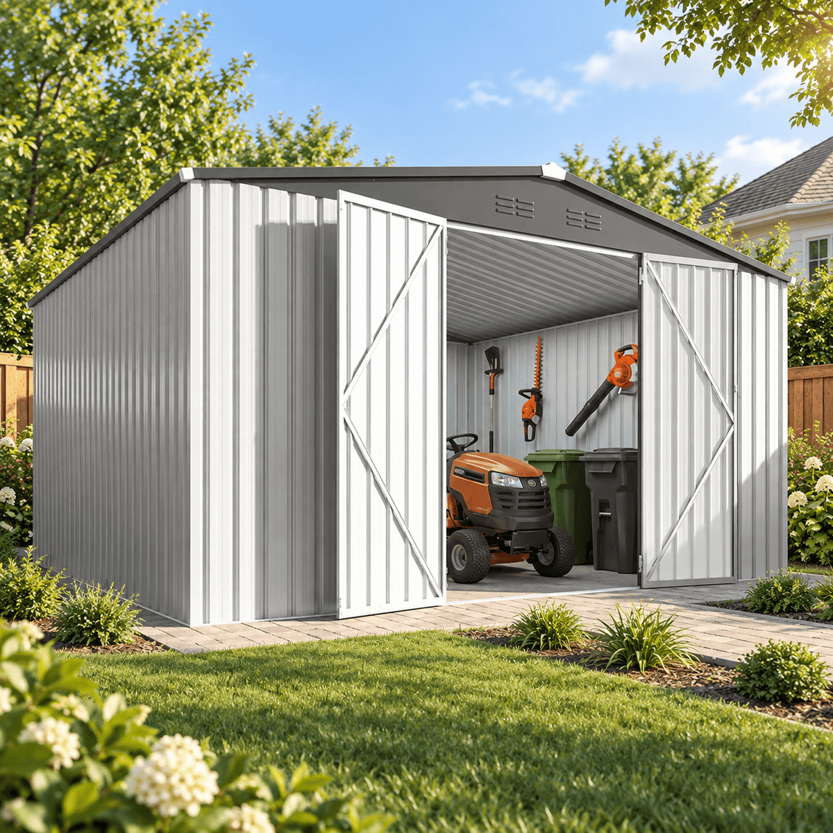 AECOJOY 10'x12' Waterproof Galvanized Steel Storage Shed with Lockable Double Doors, White, for Backyard & Patio
