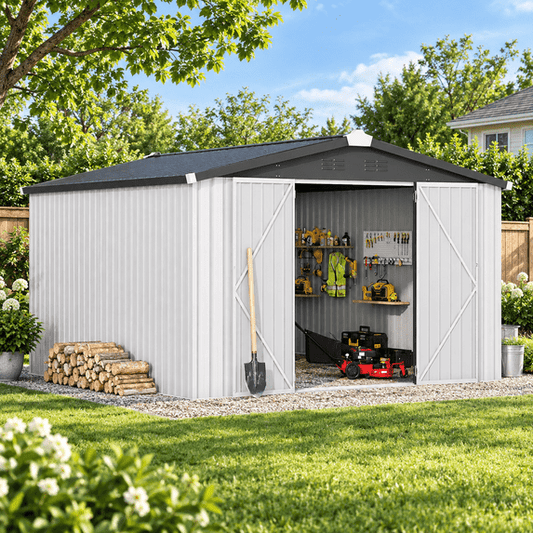 AECOJOY 10'x14' Waterproof Galvanized Steel Storage Shed with Lockable Double Doors, White, for Backyard & Patio