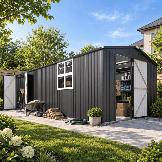 AECOJOY 10'x20' Waterproof Galvanized Steel Storage Shed with Windows & Wide Double Doors, for Backyard & Patio