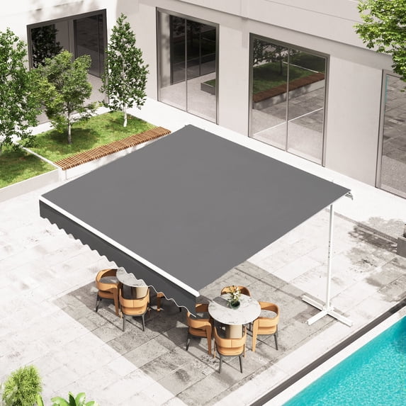 AECOJOY 10x8 ft. Free Standing Retractable Awning - Single Side Patio Awnings Manual Sun Shade - Dark Grey