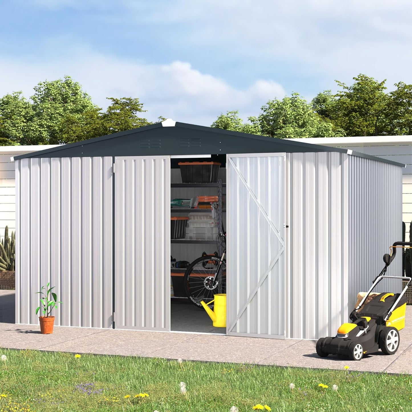 AECOJOY 12' x 10' Outdoor Storage Shed with Lockable Door Patio Metal Garden Storage Building in White for Outside