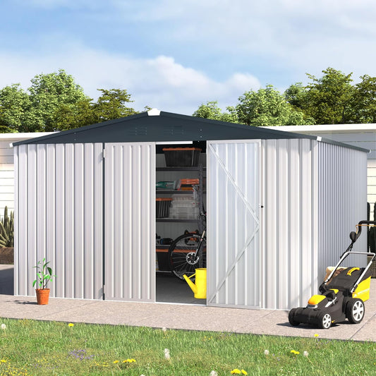 AECOJOY 12' x 10' Outdoor Storage Shed with Lockable Door Patio Metal Garden Storage Building in White for Outside