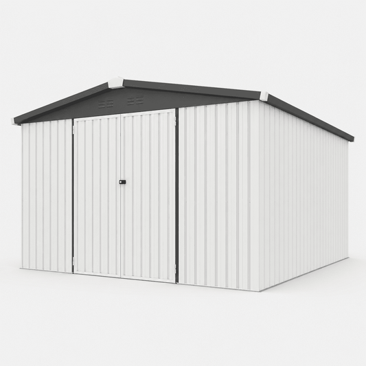 AECOJOY 12' x 12' Outdoor Storage Shed with Lockable Door Patio Metal Large Storage Building in White for Outside
