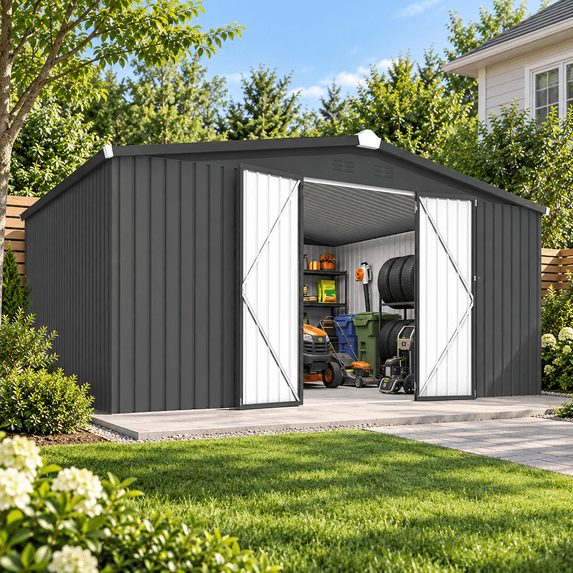 AECOJOY 12'x14' Waterproof Galvanized Steel Storage Shed with Lockable Double Doors, Dark Gray, for Backyard & Patio