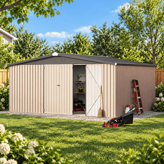 AECOJOY 12'x14' Waterproof Galvanized Steel Storage Shed with Lockable Double Doors, Gray, for Backyard & Patio