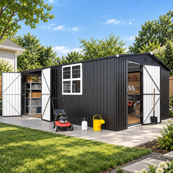 AECOJOY 12'x16' Waterproof Galvanized Steel Storage Shed with Windows & Lockable Doors, Dark Grey, for Backyard & Patio