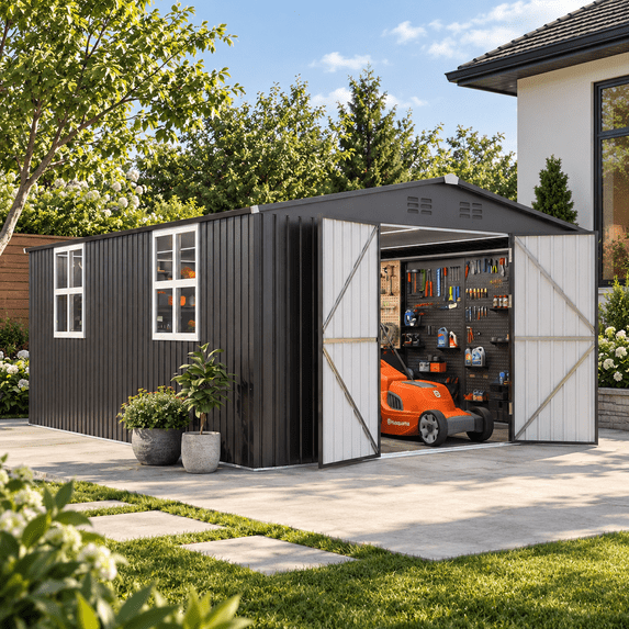 AECOJOY 12'x18' Waterproof Galvanized Steel Storage Shed with Windows & Lockable Door, Dark Grey, for Backyard & Patio