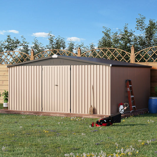 AECOJOY 14' x 12' Outdoor Storage Shed with Lockable Door Patio Metal Garden Storage Building in Brown for Outside