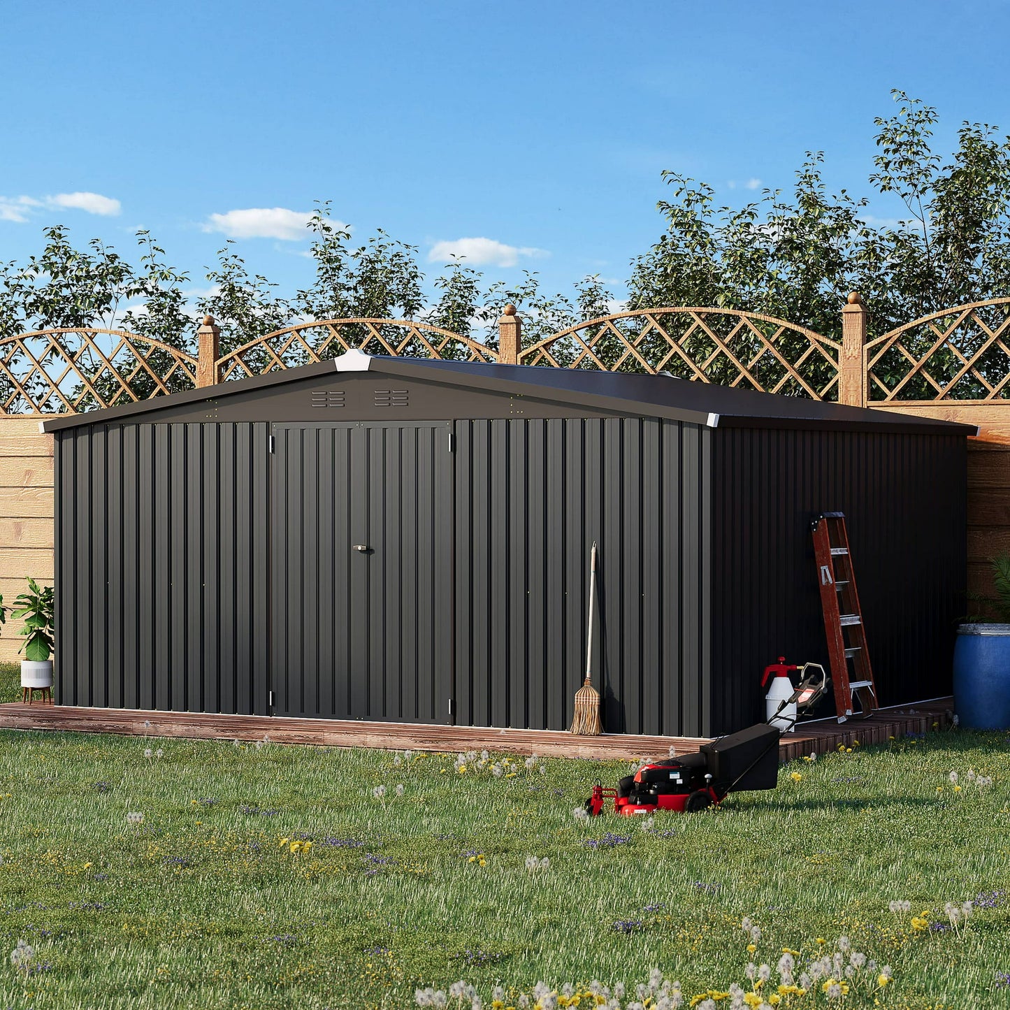 AECOJOY 14' x 12' Outdoor Storage Shed with Lockable Door Patio Metal Garden Storage Building in Dark Gray for Outside
