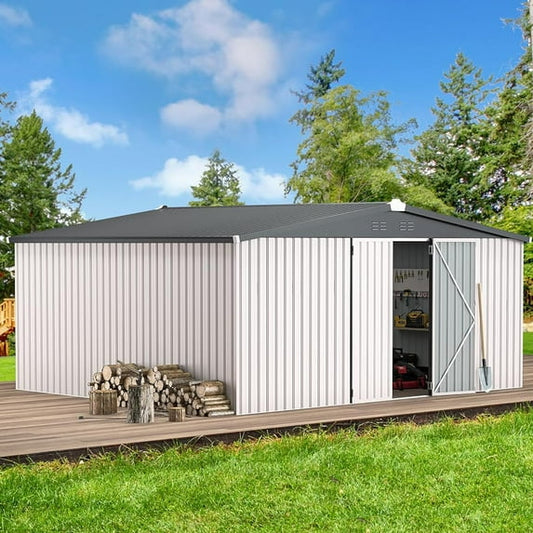 AECOJOY 14' x 12' Outdoor Storage Shed with Lockable Door Patio Metal Garden Storage Building in White for Outside