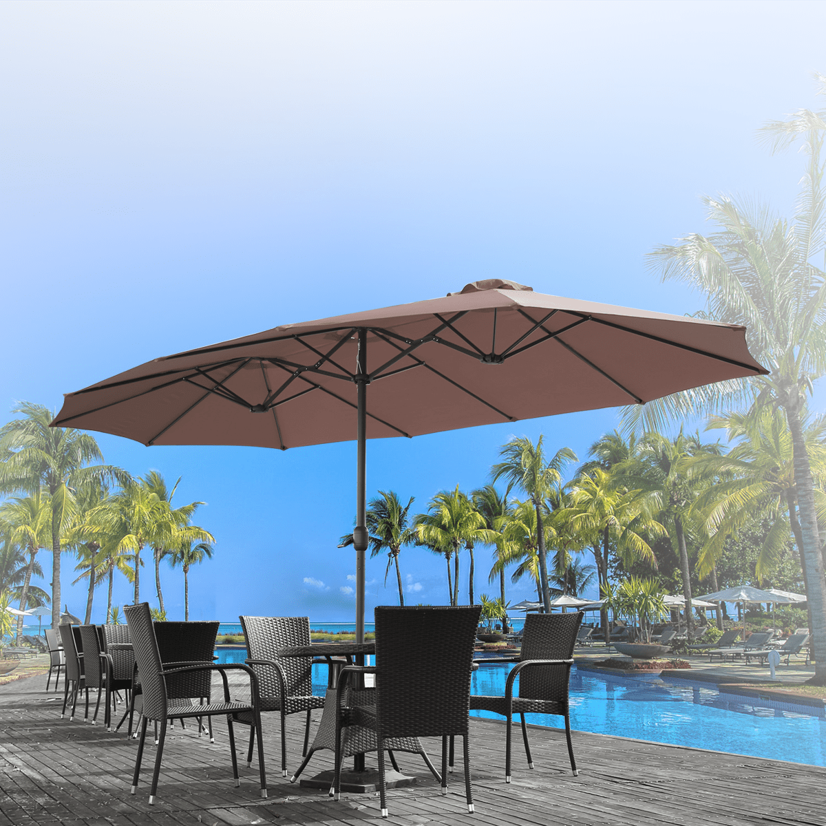 AECOJOY 15 Ft Patio Double Sided Umbrella Large Outdoor Umbrella in Brown