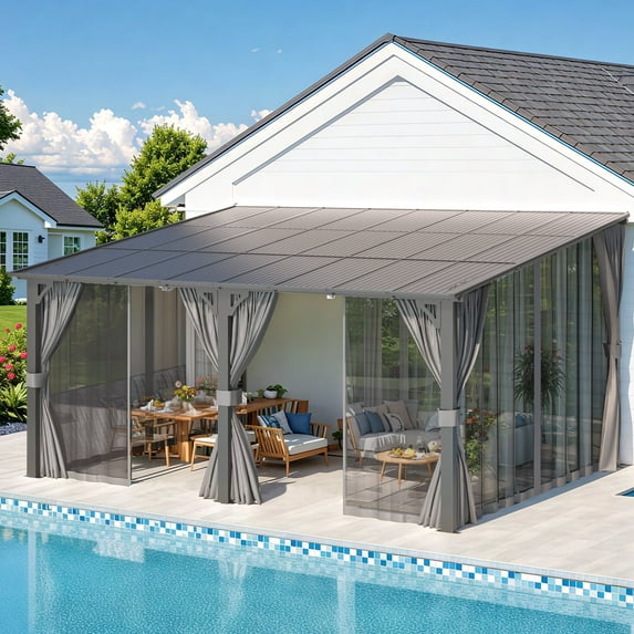 AECOJOY 16' x 12' Outdoor Hardtop Gazebo With Mosquito Net, Pergola for Garden, Patio, Backyard-Black