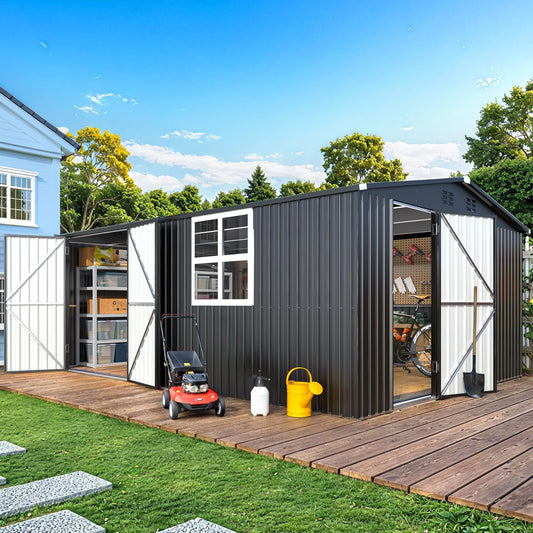 AECOJOY 16' x 12' Outdoor Storage Shed with Side & Front Doors, Metal Garden Storage Building with Windows in Dark Gray for Outside