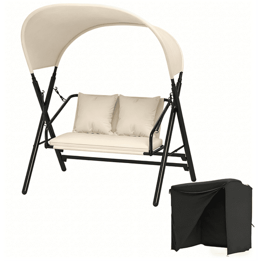 AECOJOY Outdoor 2-Seat Patio Swing Chair with Weather Cover, Adjustable Canopy & Removable Cushion, Porch Swing Bench for Adults, Beige