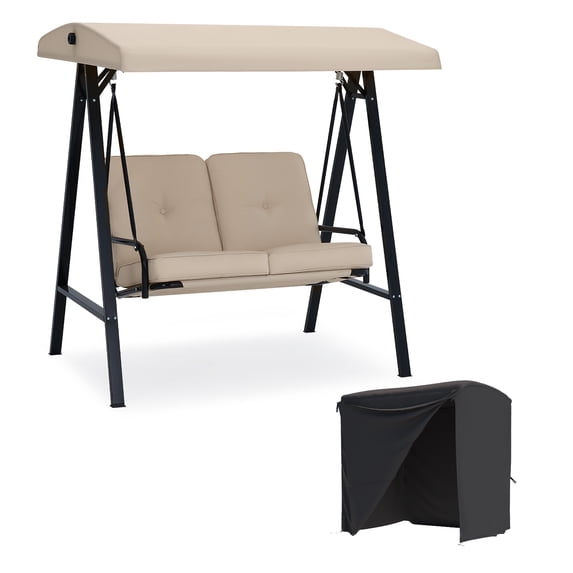 AECOJOY 2 Persons Outdoor Patio Canopy Steel Porch Swing Chair with Cover, Beige