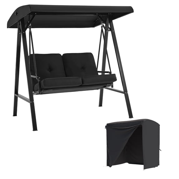 AECOJOY 2 Persons Outdoor Patio Canopy Steel Porch Swing Chair with Cover, Black