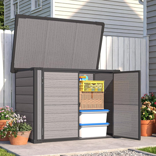 AECOJOY 23 Cu.ft Outdoor Resin Storage Shed w/ Floor, Waterproof Plastic Deck Box Heavyduty Patio Storage Building for Tools, Backyard