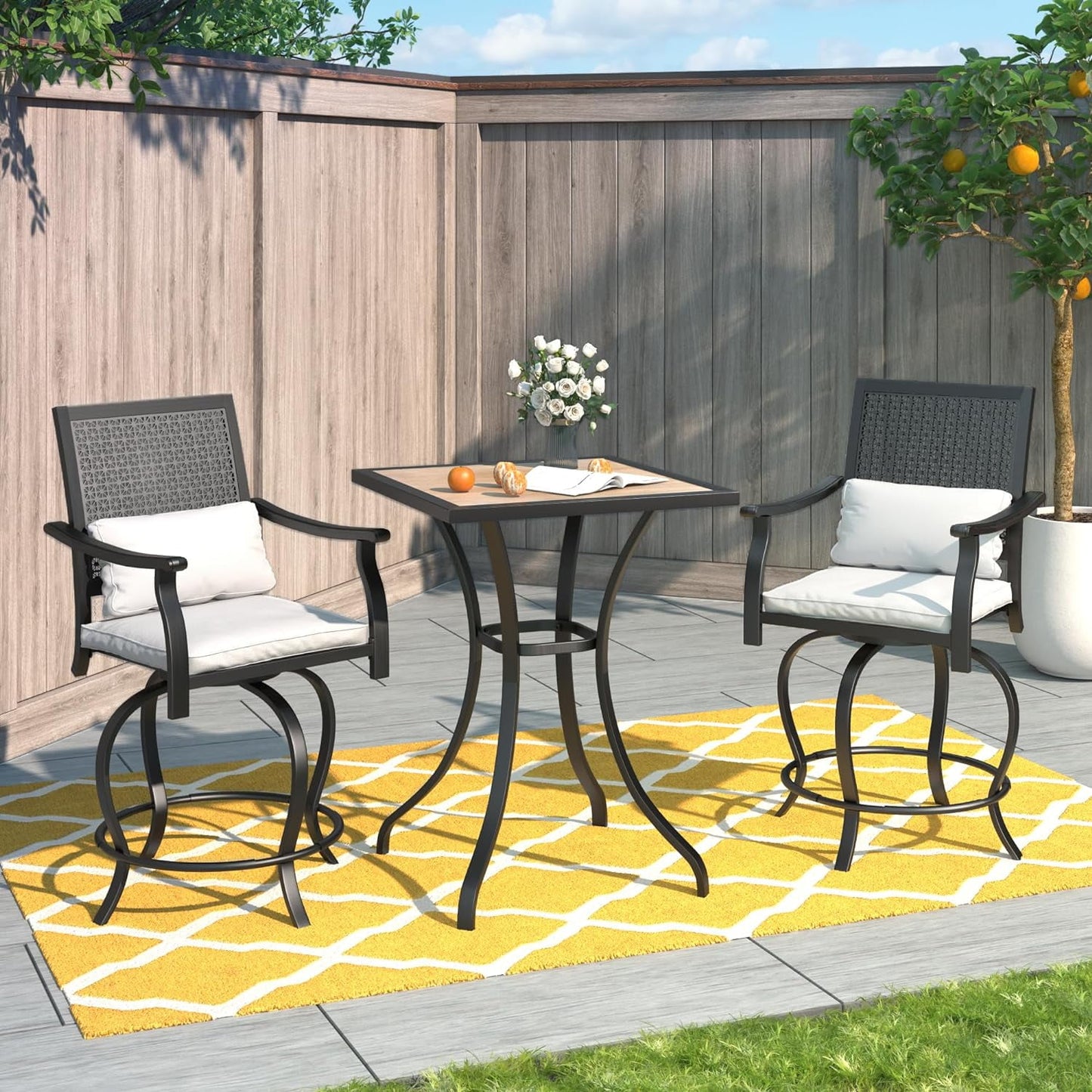 AECOJOY 3-Piece Patio Outdoor Bistro Set with Outdoor Swivel Bar Stools and Patio Bistro Table, Bar Height Patio Set for Lawn Garden Porch, Yard, Balcony, Cream Beige