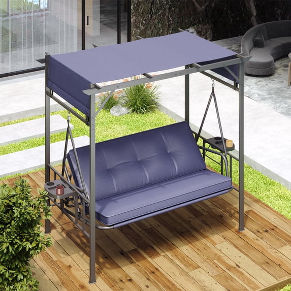 AECOJOY 3-Seat Metal Porch Swing Bed with Cup Holders, Dark Blue