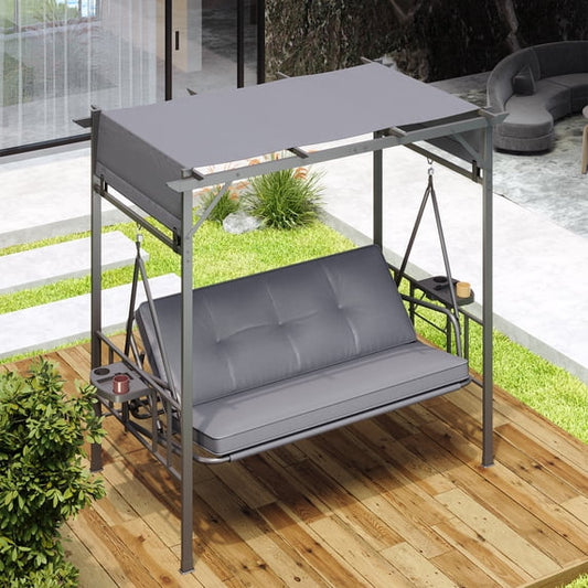 AECOJOY 3-Seat Metal Porch Swing Bed with Cup Holders, Gray