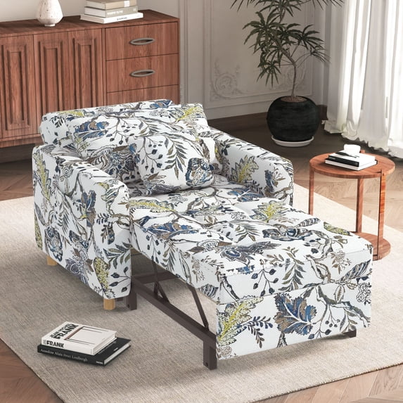 AECOJOY 3-in-1 Convertible Chair Bed Sleeper & Futon Sofa Bed Chair with Adjustable Backrest and 2 Pillows-White print