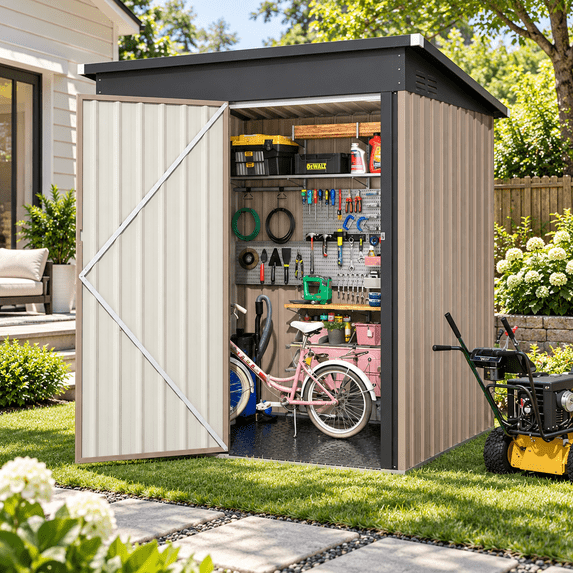 AECOJOY 5 x 3 ft Outdoor Metal Storage Shed with Floor, Lockable Garden Tool Shed for Backyard, Patio, Brown