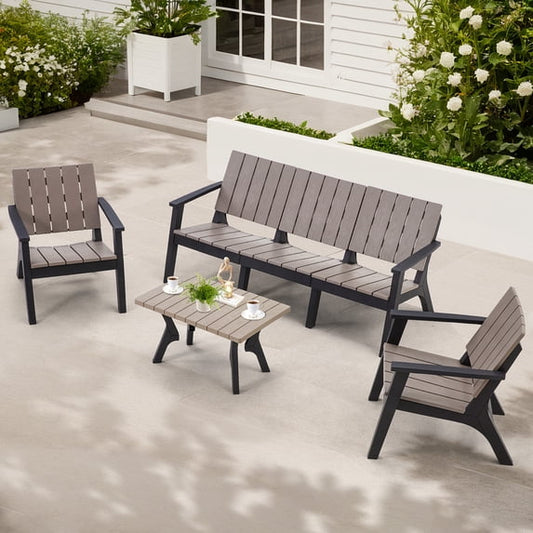 AECOJOY 4-Piece HDPE Patio Furniture Set on Sale All Weather Resistant Outdoor Conversation Set with Coffee Table for Garden& Backyard in Brown