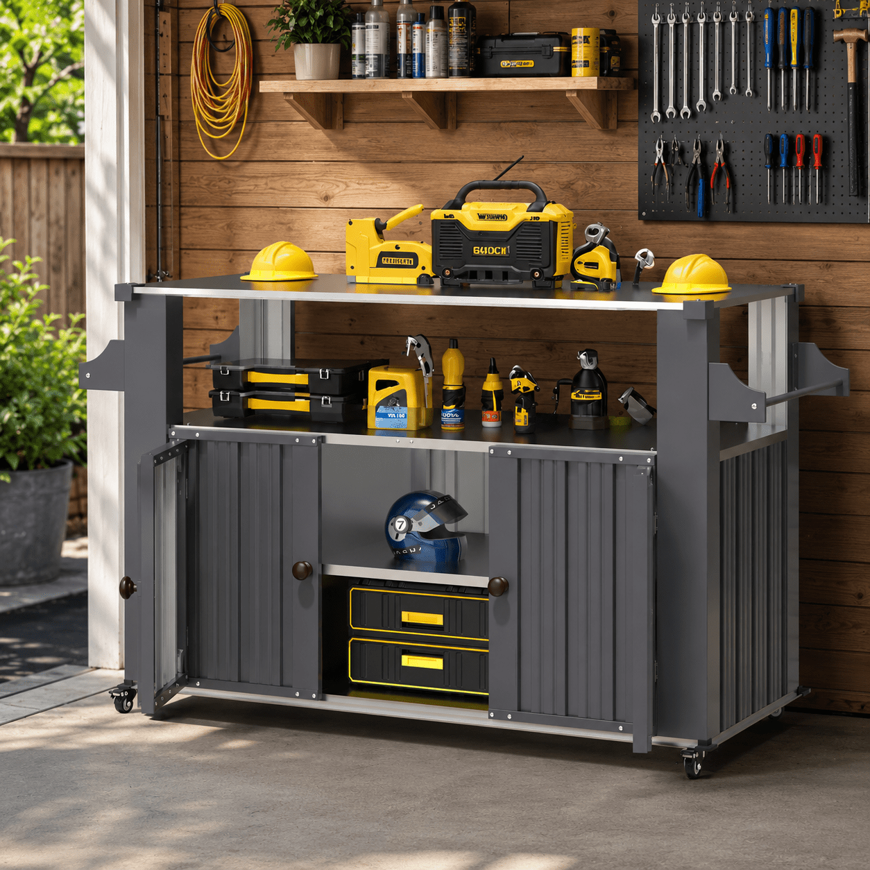 AECOJOY 43" Outdoor Grill Table with Storage Cabinet, BBQ Prep Cart with Wheels, Outdoor Kitchen Island, Mobile Serving Station for Patio and Garden, Dark Grey