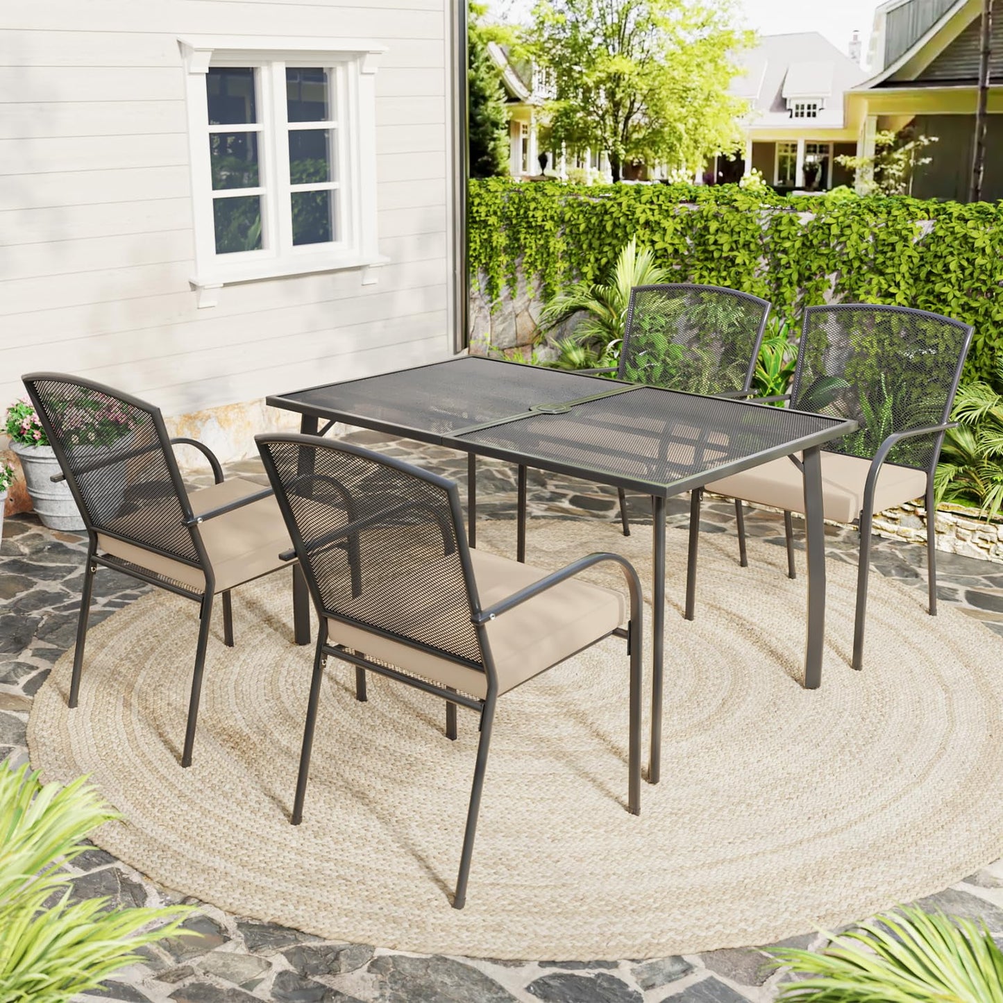 AECOJOY 5 Pcs Outdoor Patio Dining Set, Rectangle Table with Umbrella Hole and 4 Stackable Chairs, Dark Grey and Beige Cushion