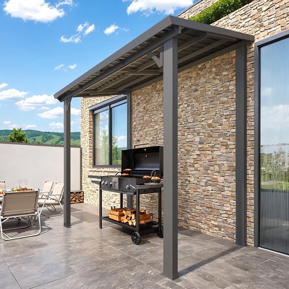 AECOJOY 5' x 8' Hardtop Patio Gazebo Wall Mounted, Heavy Duty Outdoor Pergola on Clearance with Galvanized Steel Roof, Waterproof Metal Grill Gazebo for Backyard