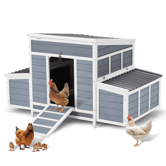 AECOJOY 56" Large Chicken Coop with 6 Nesting Boxes Outdoor Hen Chicken House w/Ramps, Removable Tray for 6 Chickens,Gray
