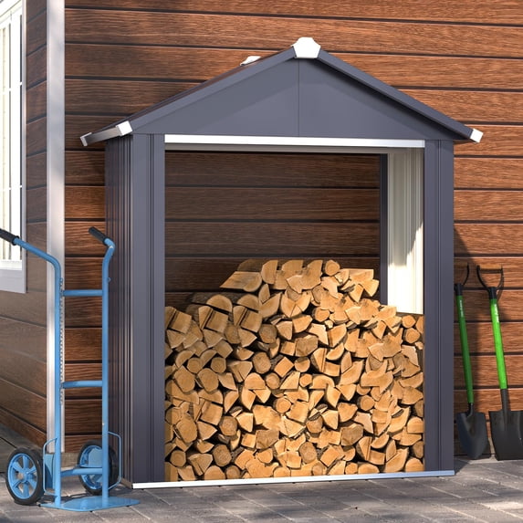 AECOJOY 5x2 FT Outdoor Firewood Rack Storage Shed, 38 Cu.Ft, 60 MPH Wind Resistant,Waterproof Metal Log Holder, Gray